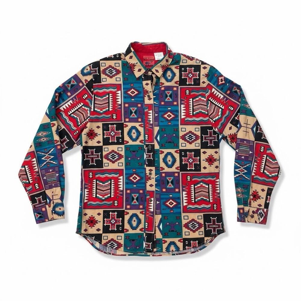 Roper Western Shirt Vintage 90s Cowboy Rockabilly Rodeo Aztec Button Medium